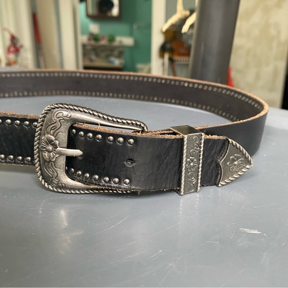 Double Buckle Cowgirl American Eagle Black Leather Belt 38” Long - Picture 3 of 8